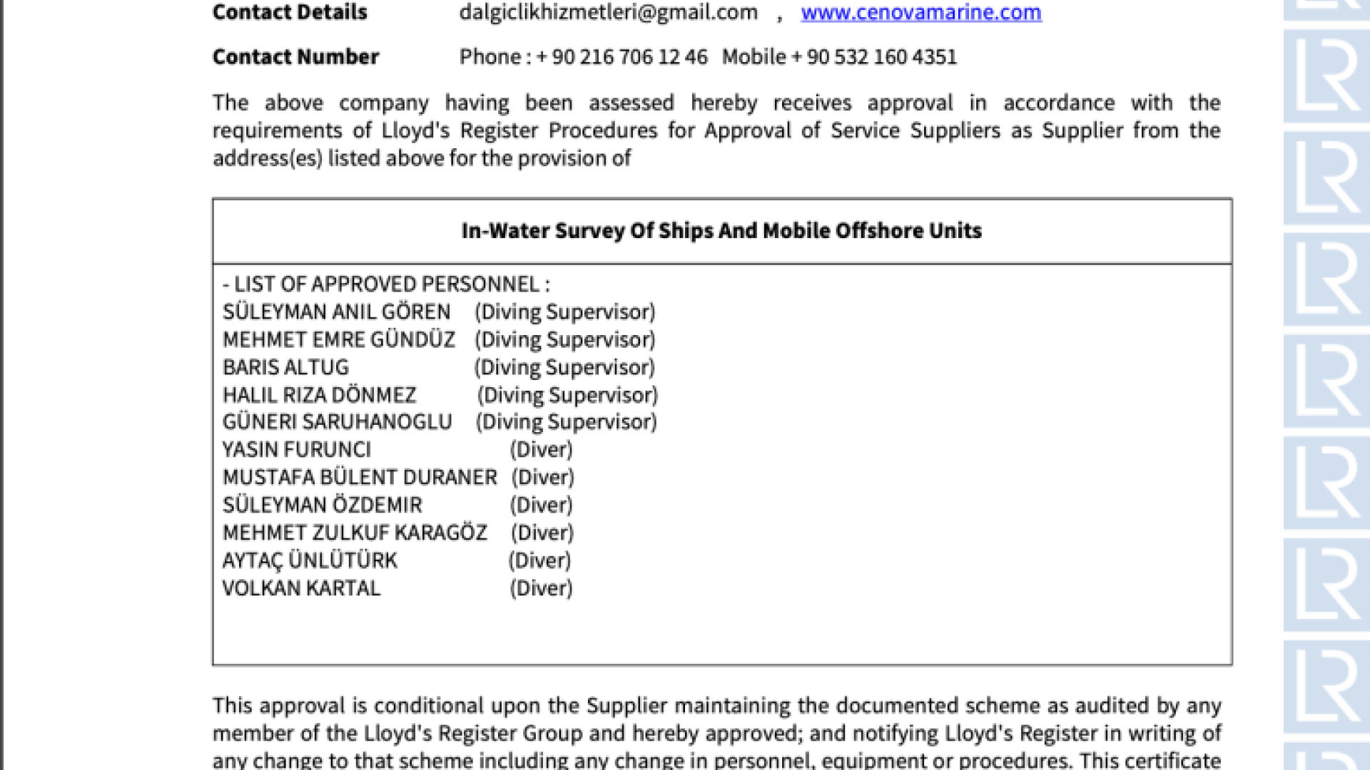 LR Lloyds Register Approved Service Supplier Certificate